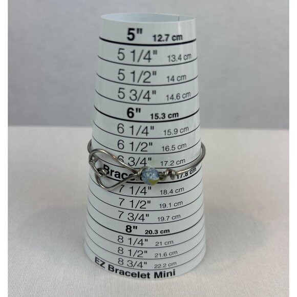 Silver Tone Wire Bangle Bracelet Yellow Blue Glass Bead Heart Clasp - Picture 9 of 9